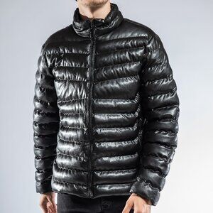JAGLION Puffer Faux Leather Jacket with Down for Men